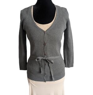 Express Vintage Y2K Minimalist Ribbed Polished Feminine Tie Waist Gray Cardigan